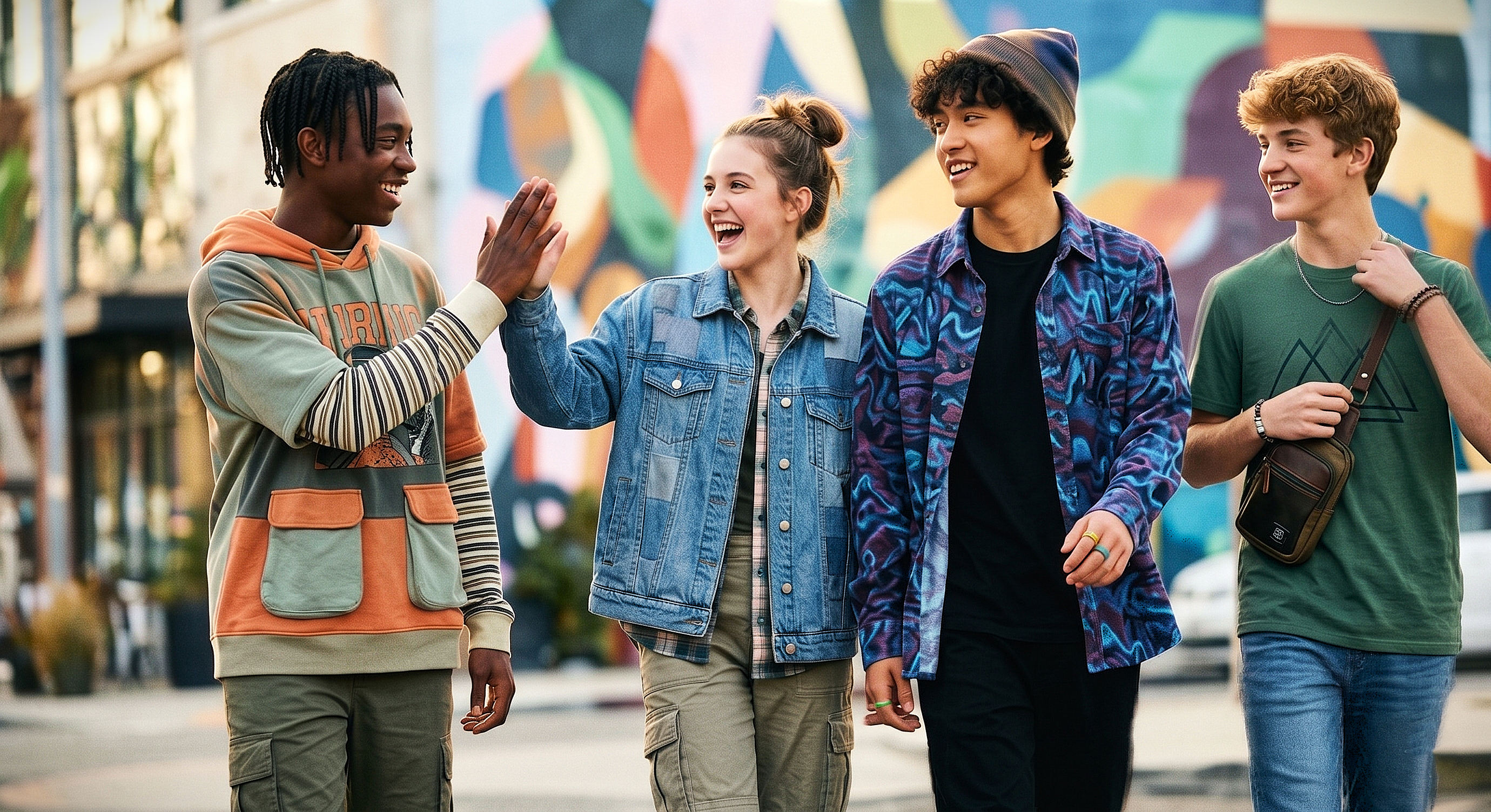 Group of friends walking and laughing